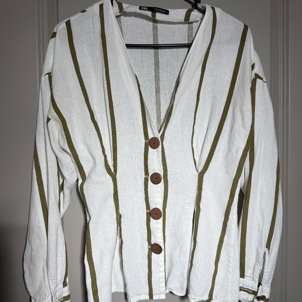 ZARA Linen Blend Striped Button Front Blouse | Oversized Fit | Size S
